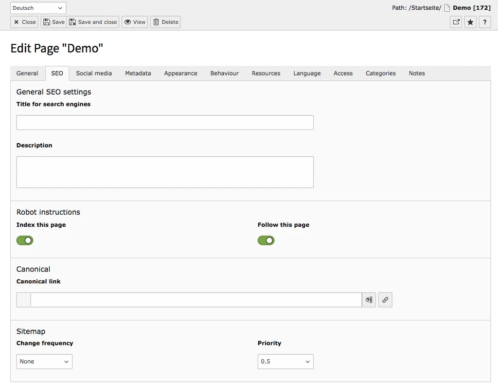 TYPO3 Edit Page Properties Tab SEO