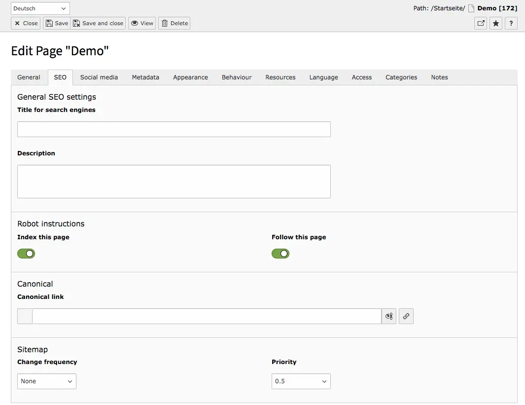 TYPO3 Edit Page Properties Tab SEO