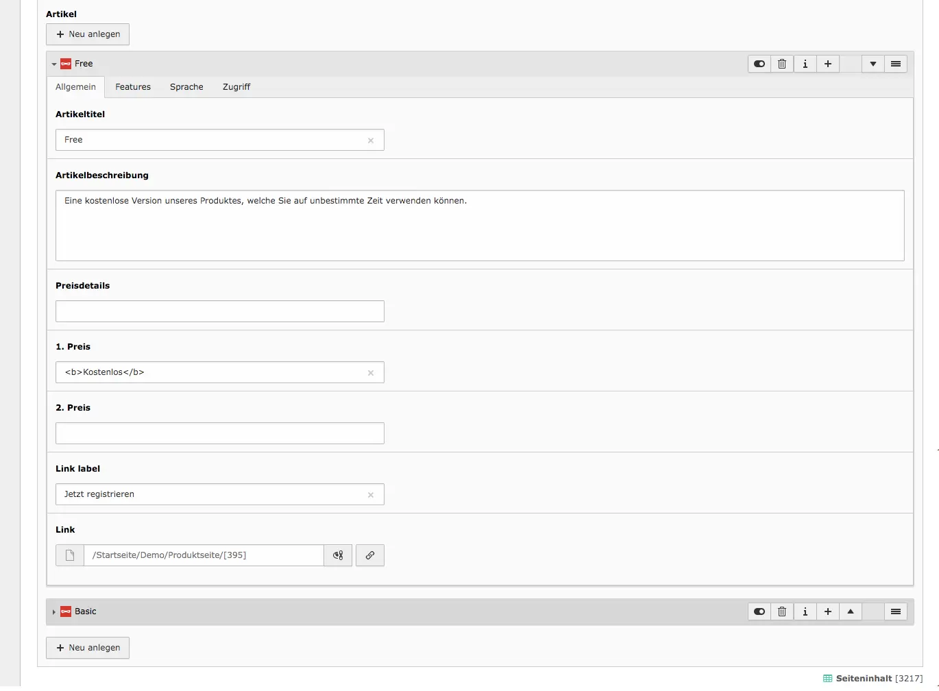 TYPO3 Backend Inhaltselement Mask Element Feature-Vergleich Artikel