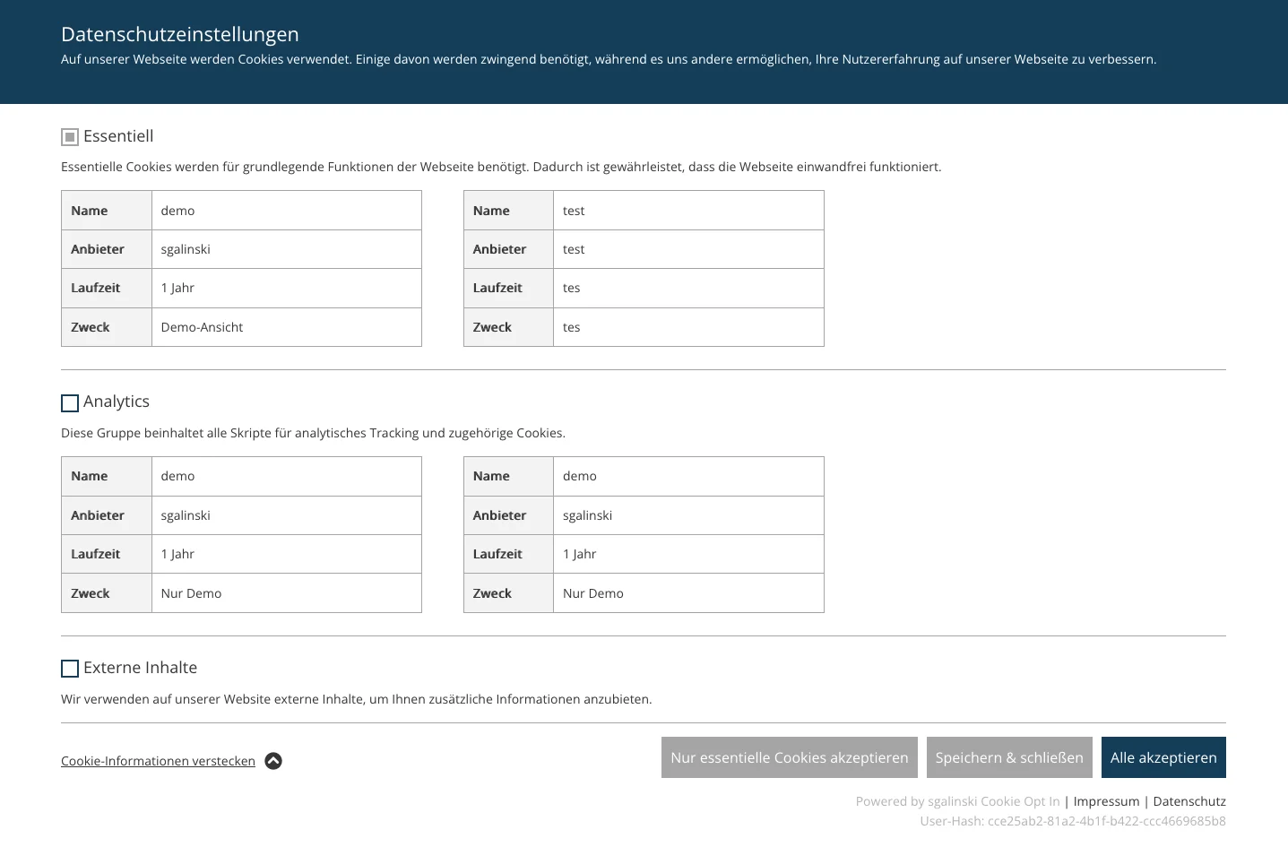 TYPO3 Cookie Consent Frontend Aufgeklappt