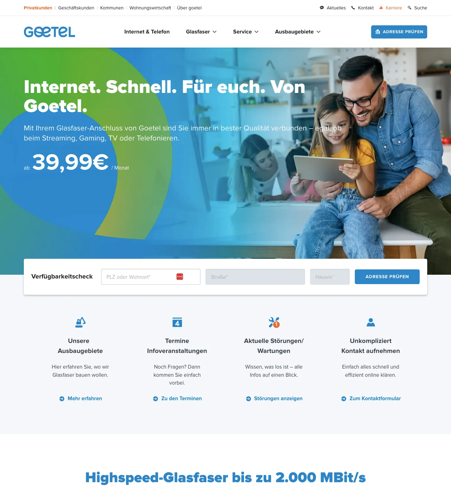 Goetel-Website: Vater mit Tochter am Tablet in Küche, Glasfaser-Angebot ab 39,99€