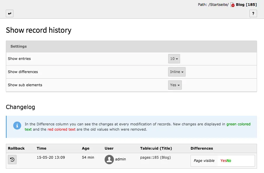 TYPO3 Undo/History Show Record History