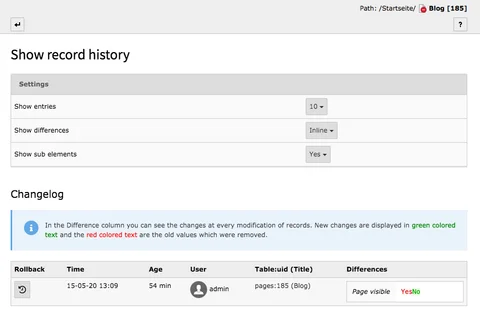 TYPO3 Undo/History Show Record History