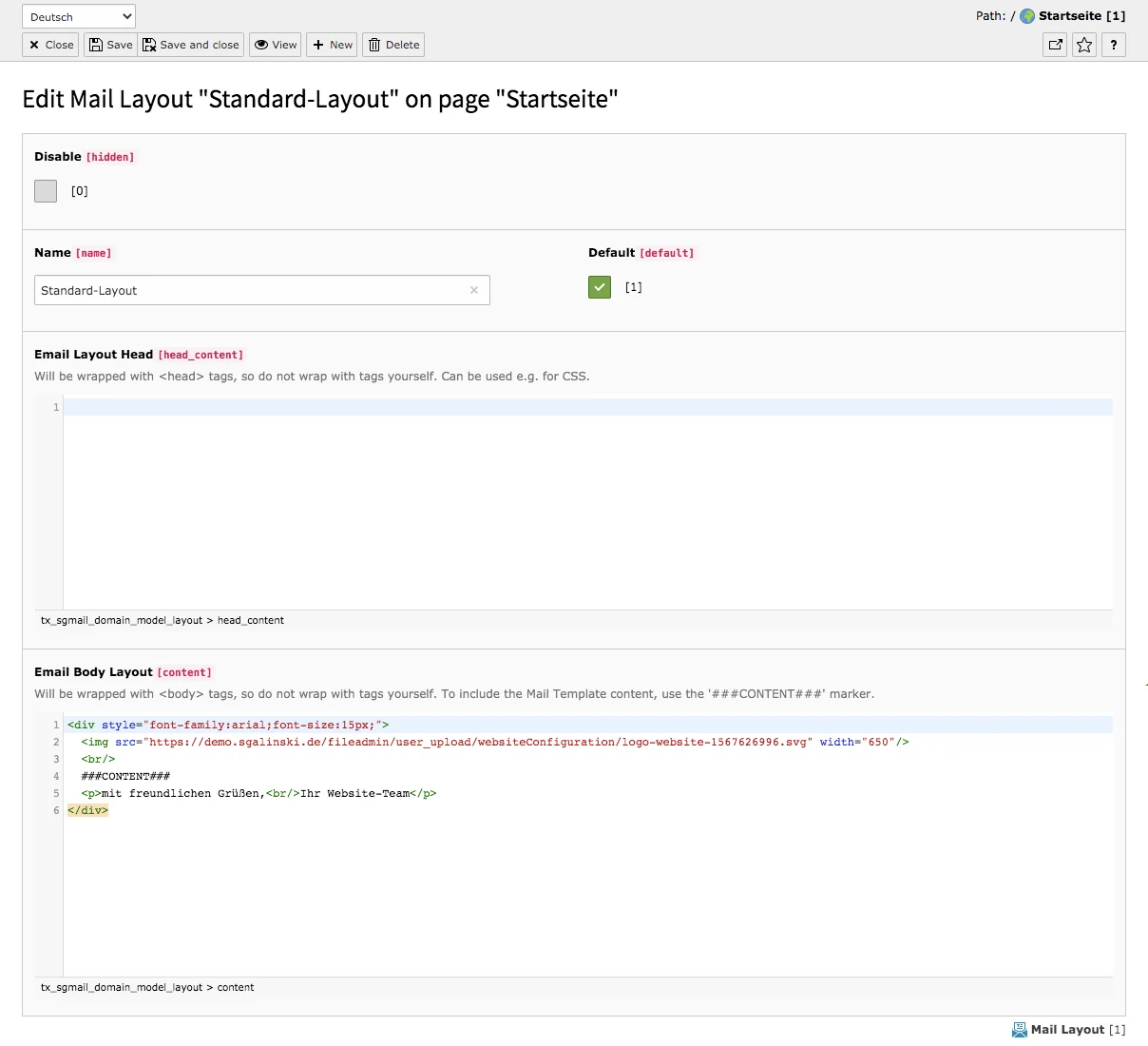TYPO3 Module Mail Templates Edit Template Layout