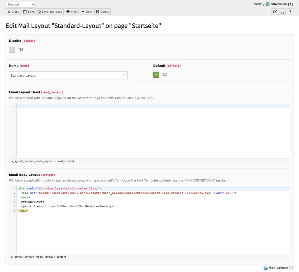 TYPO3 Module Mail Templates Edit Template Layout
