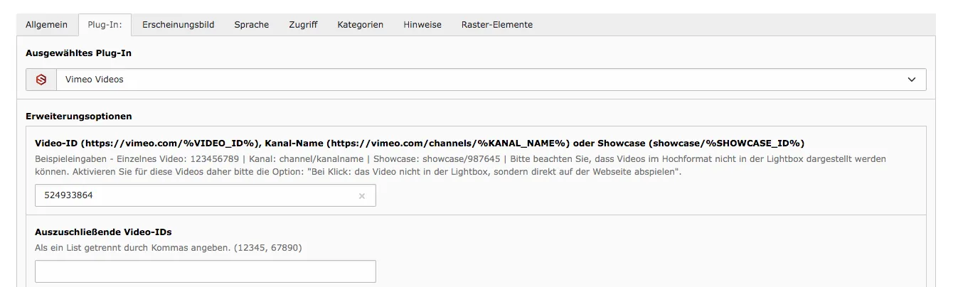 Vimeo ID eingeben