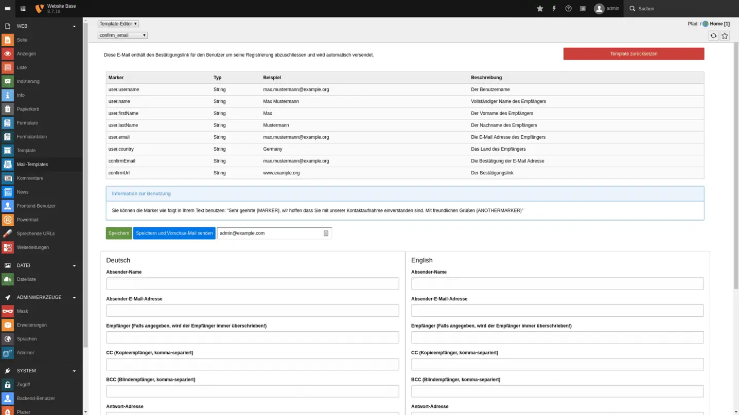 TYPO3 Backend Module Mail Templates Template Editor