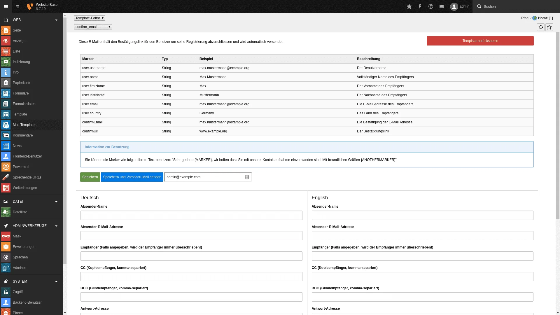 TYPO3 Backend Modul Mail-Templates Template Editor
