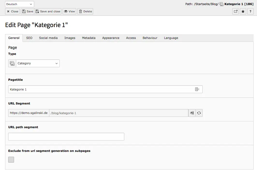 TYPO3 Page Properties Category Page Tab General