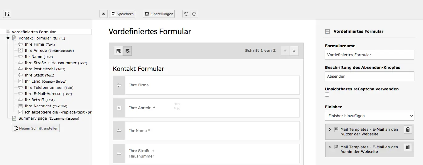 TYPO3 Modul Forms Predefined Form Backend