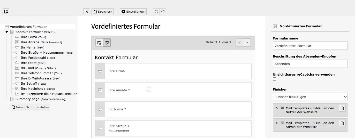 TYPO3 Modul Formulare Vordefiniertes Formular Backend