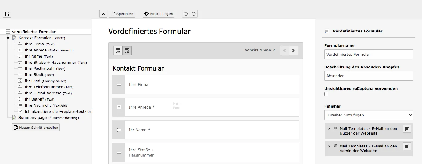 TYPO3 Modul Formulare Vordefiniertes Formular Backend