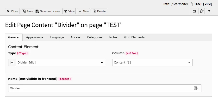 TYPO3 Content Element Special Elements Divider Backend Tab General