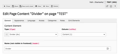 TYPO3 Content Element Special Elements Divider Backend Tab General