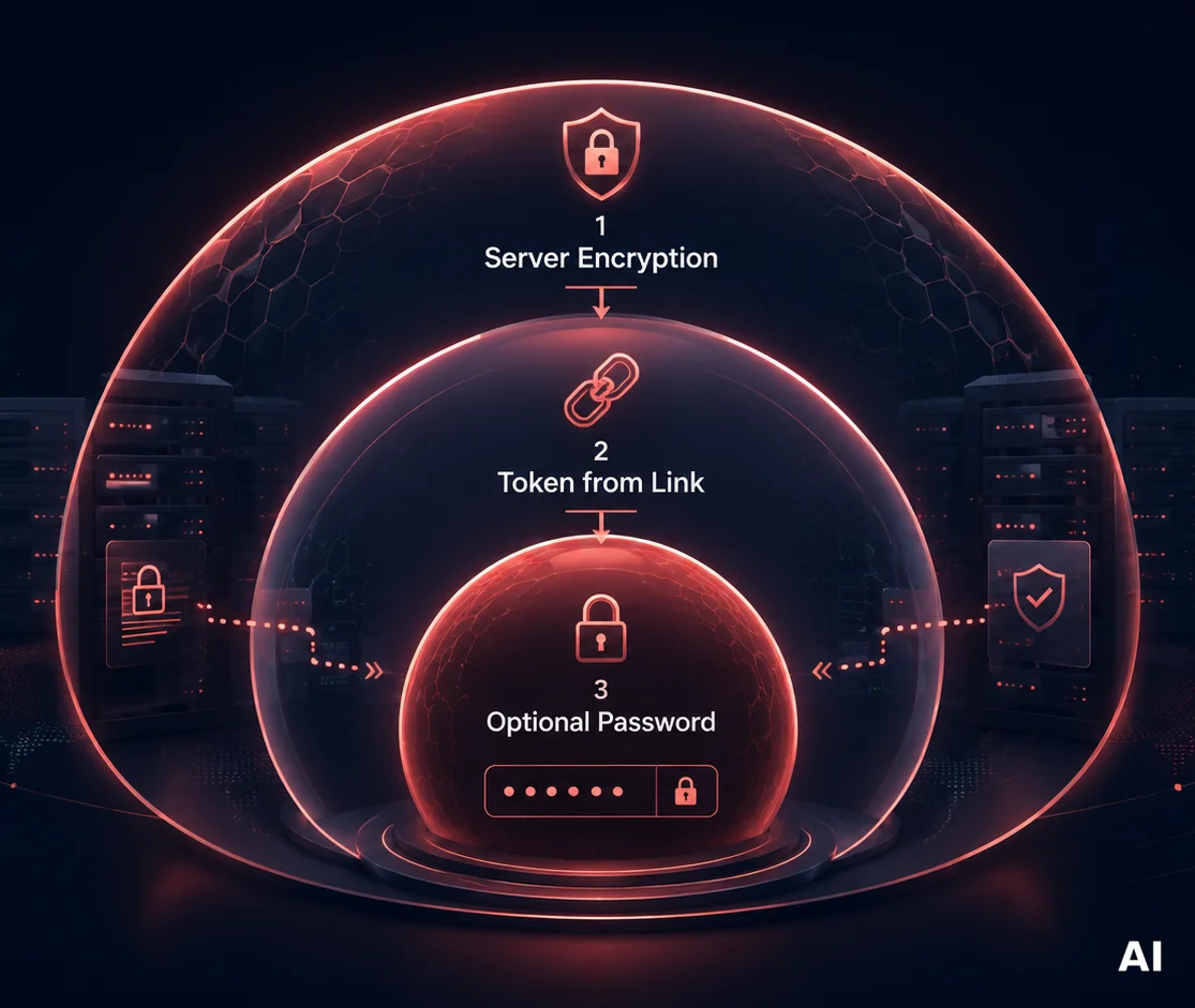 Diagramm eines dreistufigen Sicherheitsprozesses: Server-Verschlüsselung, Token-Link und optionales Passwort.