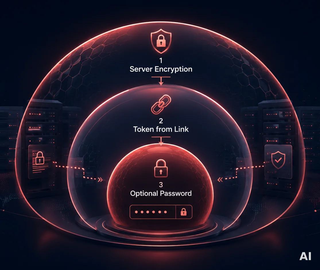 Diagramm eines dreistufigen Sicherheitsprozesses: Server-Verschlüsselung, Token-Link und optionales Passwort.