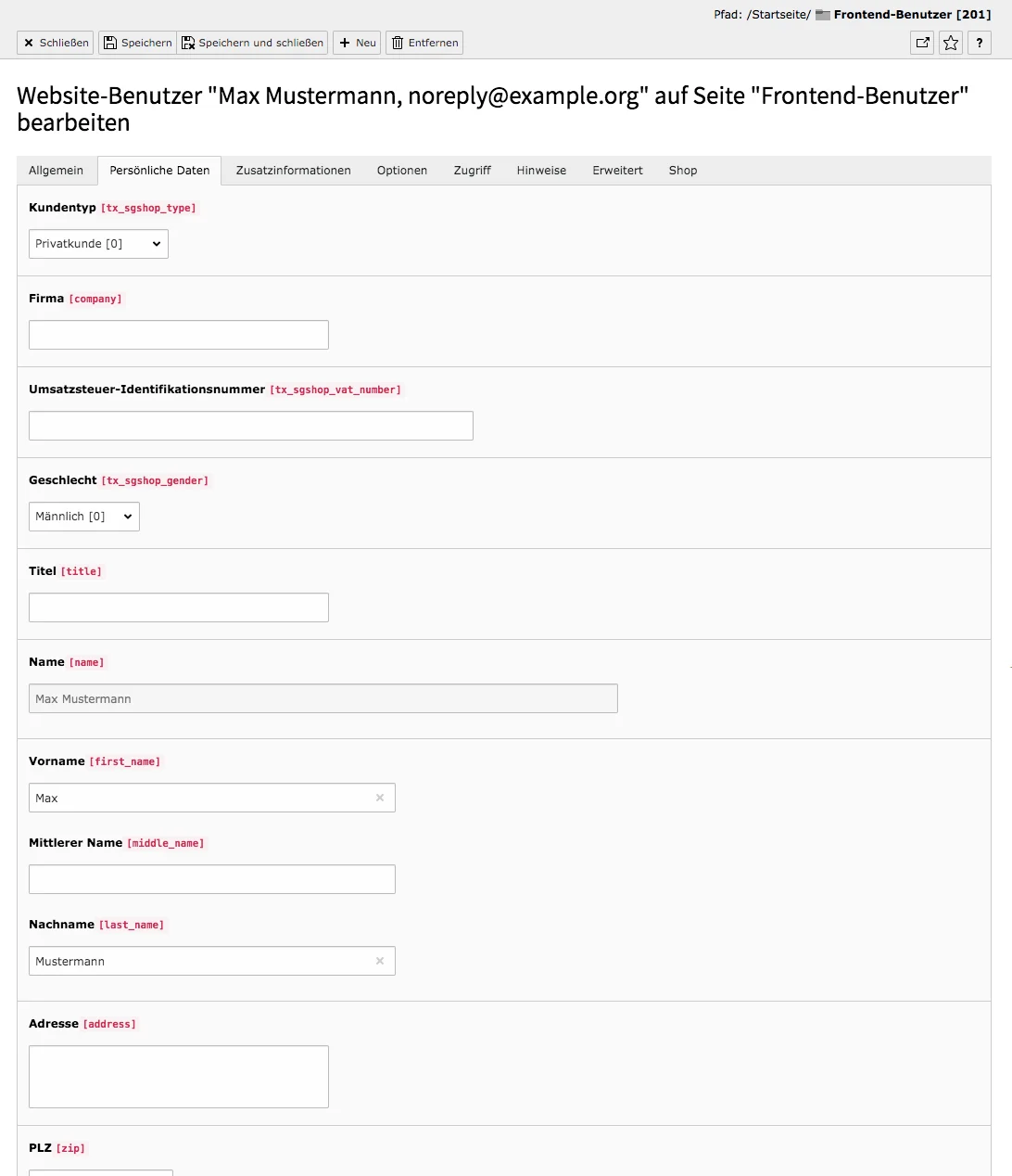 TYPO3 Modul Frontend-Benutzer bearbeiten Reiter persönliche Daten