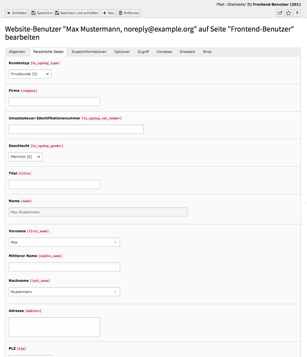 TYPO3 Modul Frontend-Benutzer bearbeiten Reiter persönliche Daten