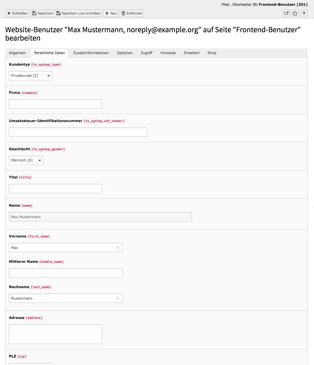 TYPO3 Modul Frontend-Benutzer bearbeiten Reiter persönliche Daten