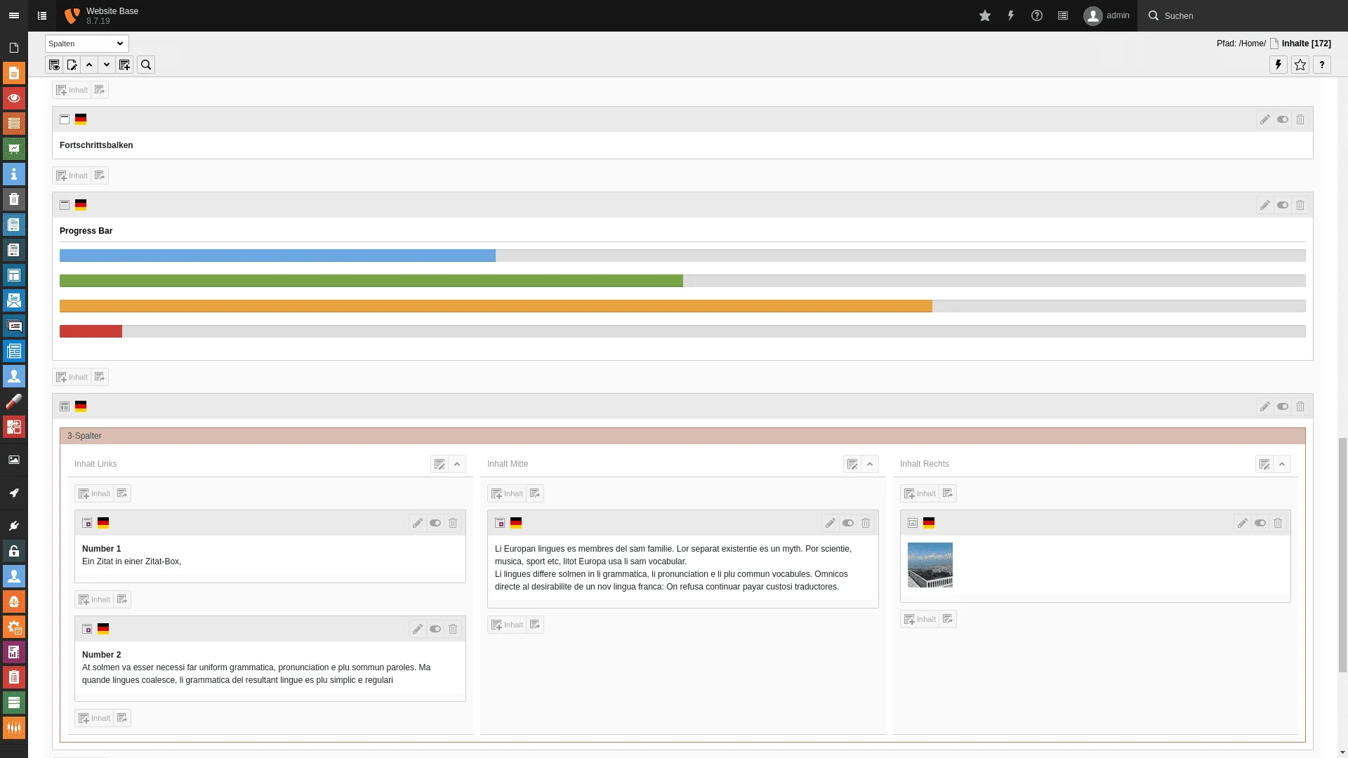 TYPO3 Backend Inhaltsbereich Inhaltselemente