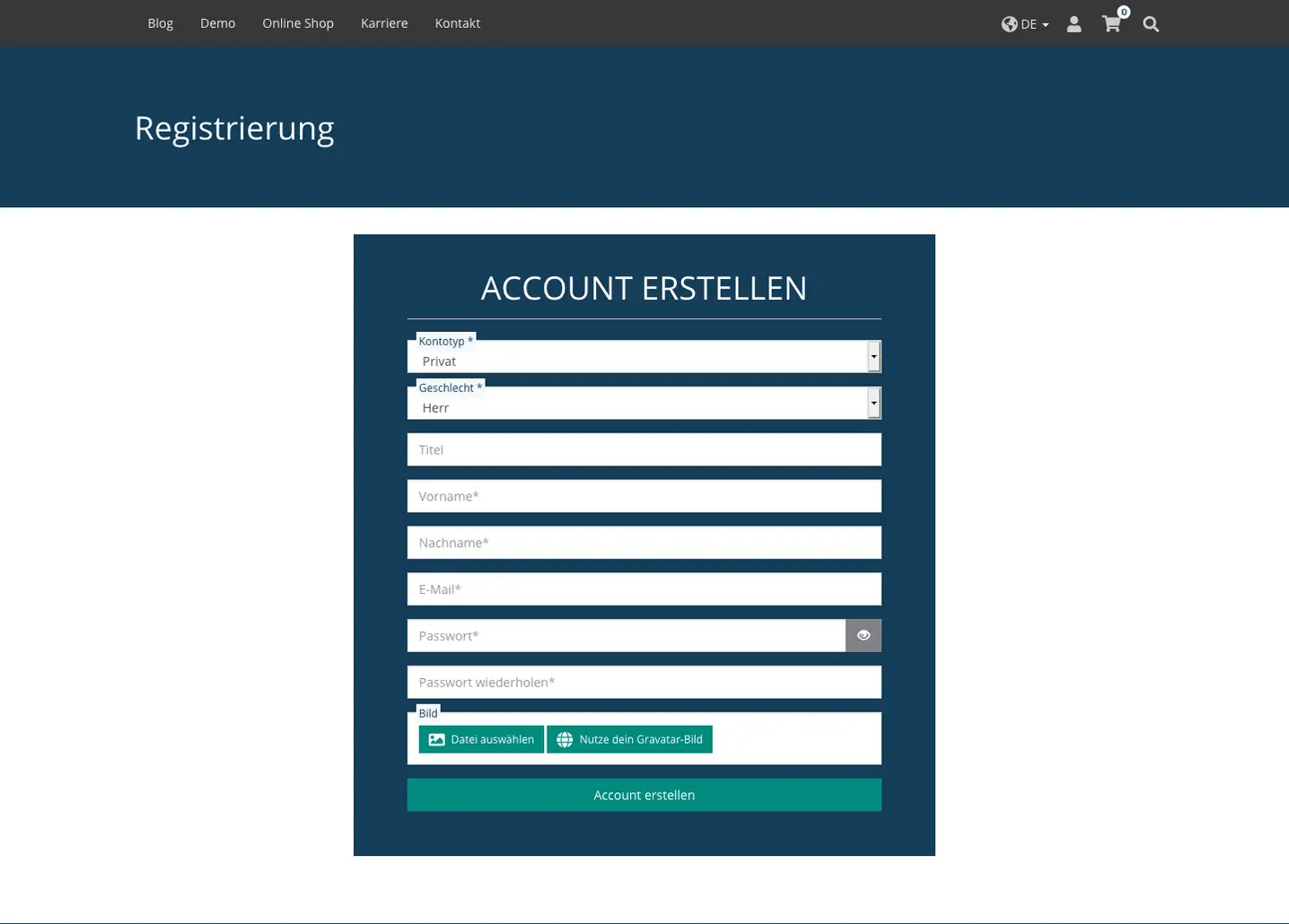 TYPO3 Account Inhaltselement Registrierung Frontend