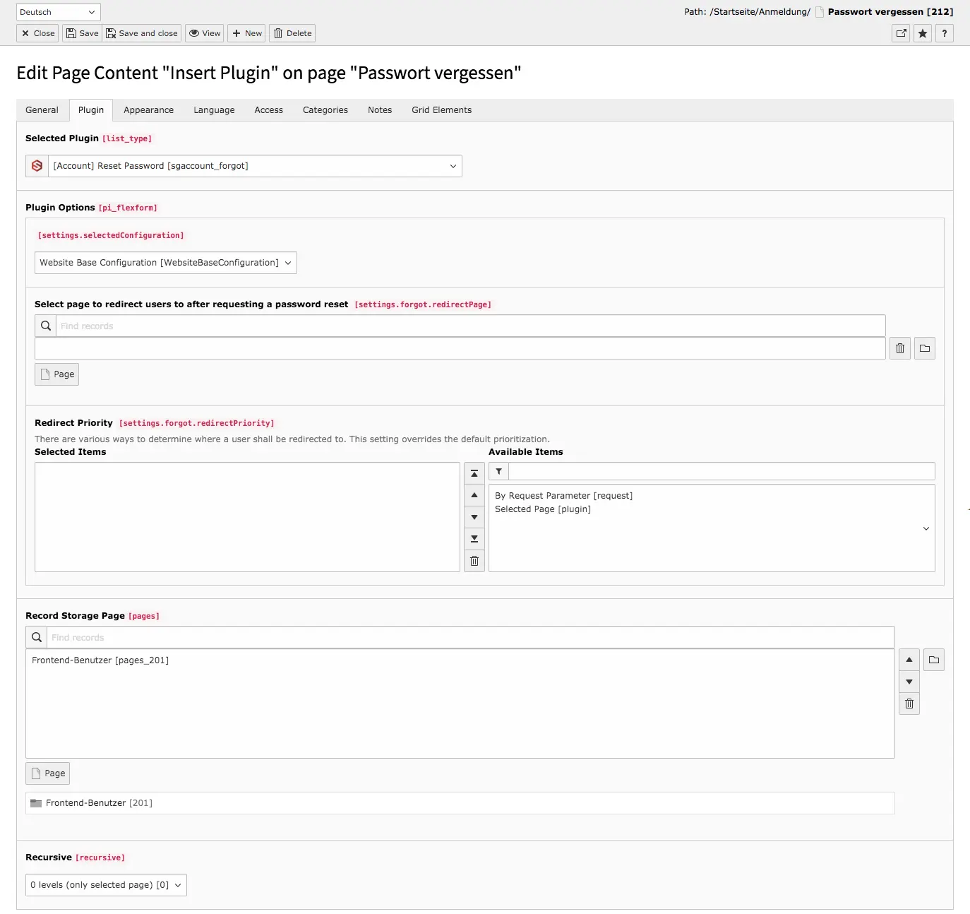 TYPO3 Account Content Element Reset Password Backend Tab Plugin