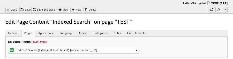 TYPO3 Content Element Form elements Indexed Search Backend Tab Plugin
