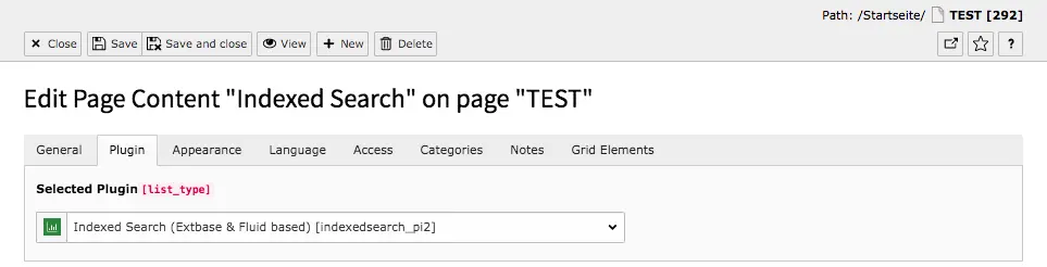 TYPO3 Content Element Form elements Indexed Search Backend Tab Plugin
