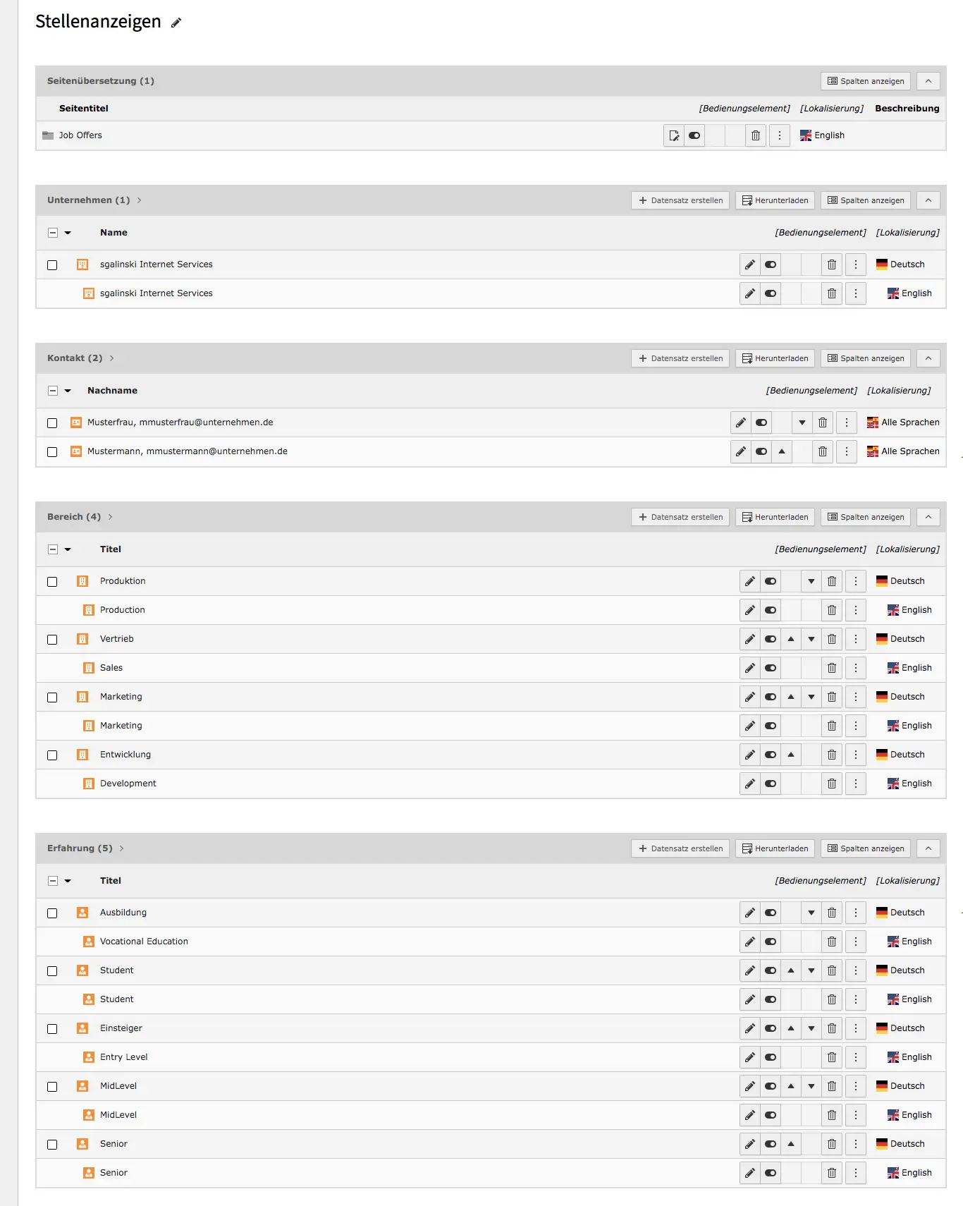 TYPO3 Modul Liste Datensätze für Stellenangebote