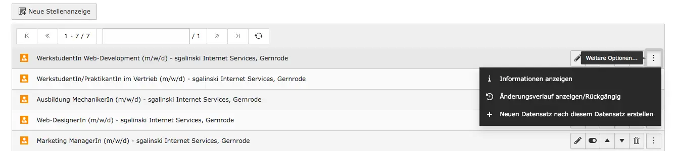 TYPO3 Modul Liste der Stellenangebote Bearbeitungsoptionen