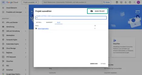 Google Cloud Console – Neues Projekt