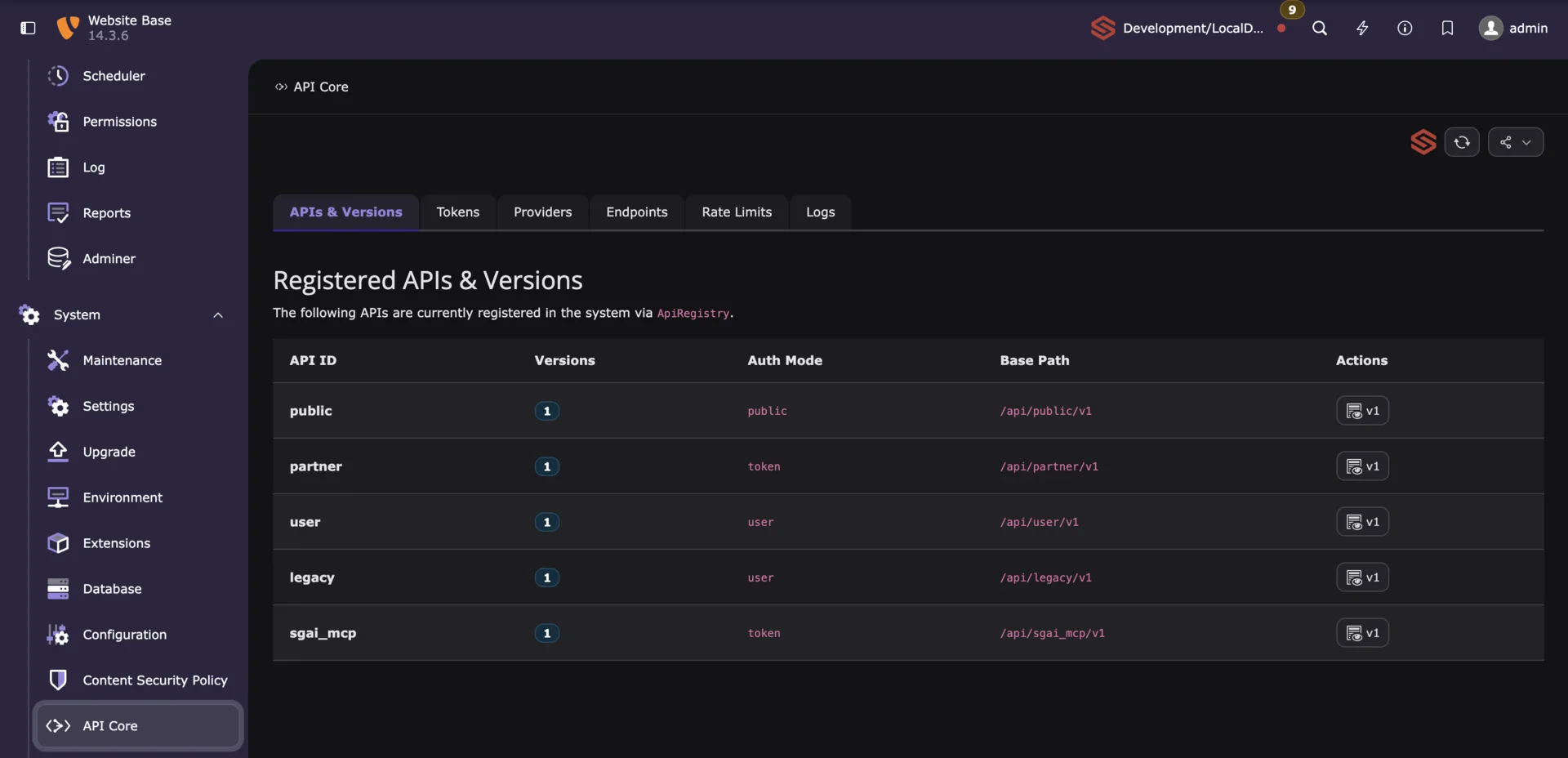 SG API Core dashboard with registered REST APIs and an MCP endpoint in TYPO3.