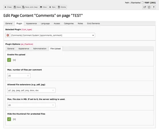 TYPO3 Content Element Plugins Comments Backend Tab Plugin File-Upload