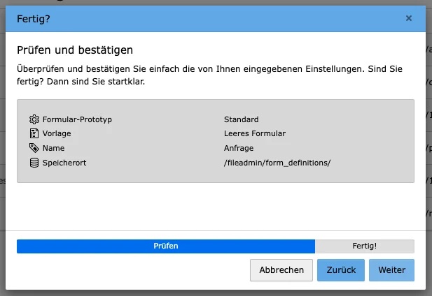 TYPO3 Modul Formulare Leeres Formular erstellen Fertig