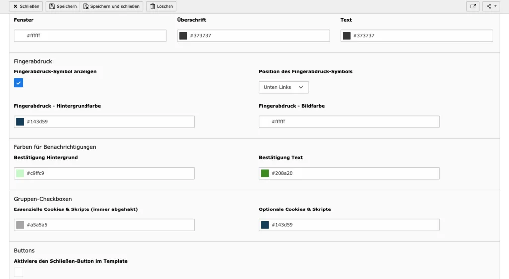 TYPO3 Cookie OptIn Beispiel Farbeinstellungen