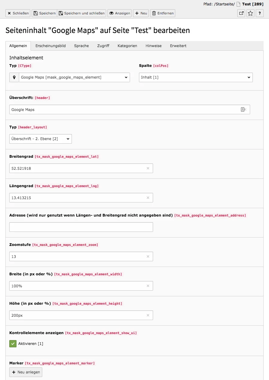 TYPO3 Mask Element Google Maps Reiter Allgemein
