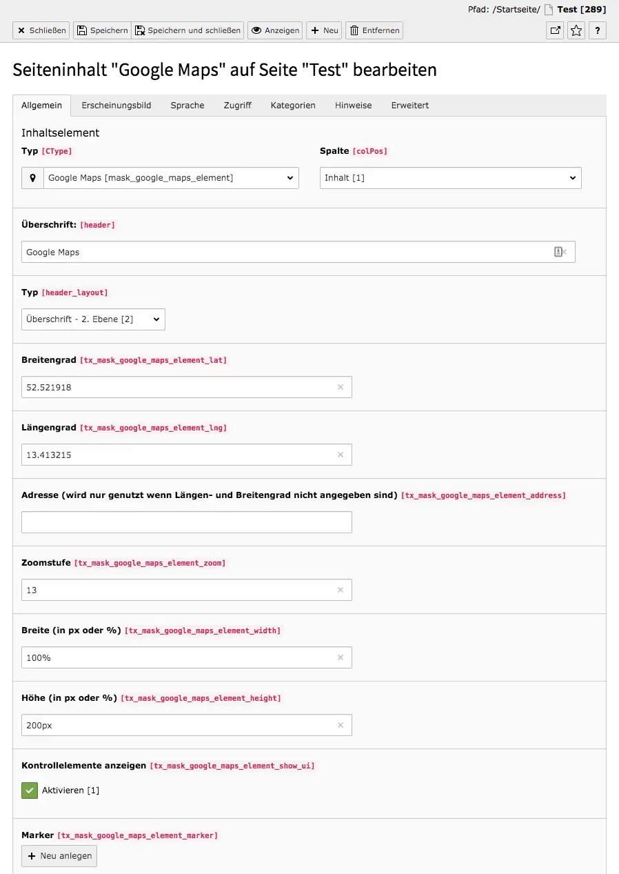 TYPO3 Mask Element Google Maps Reiter Allgemein