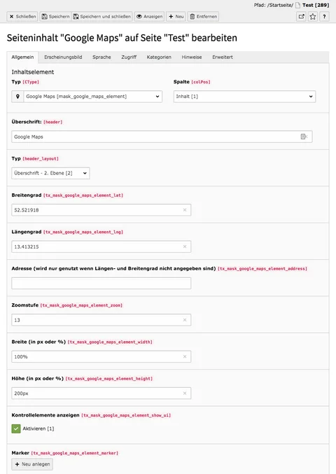 TYPO3 Mask Element Google Maps Reiter Allgemein