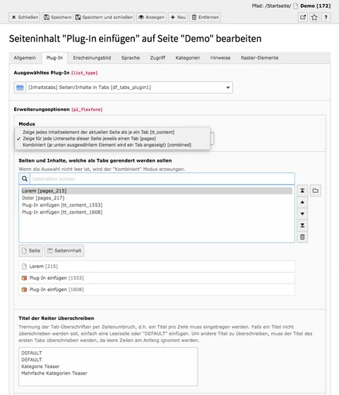 TYPO3 Inhaltselement Seiten/Inhalte in Tabs Reiter Plug-In