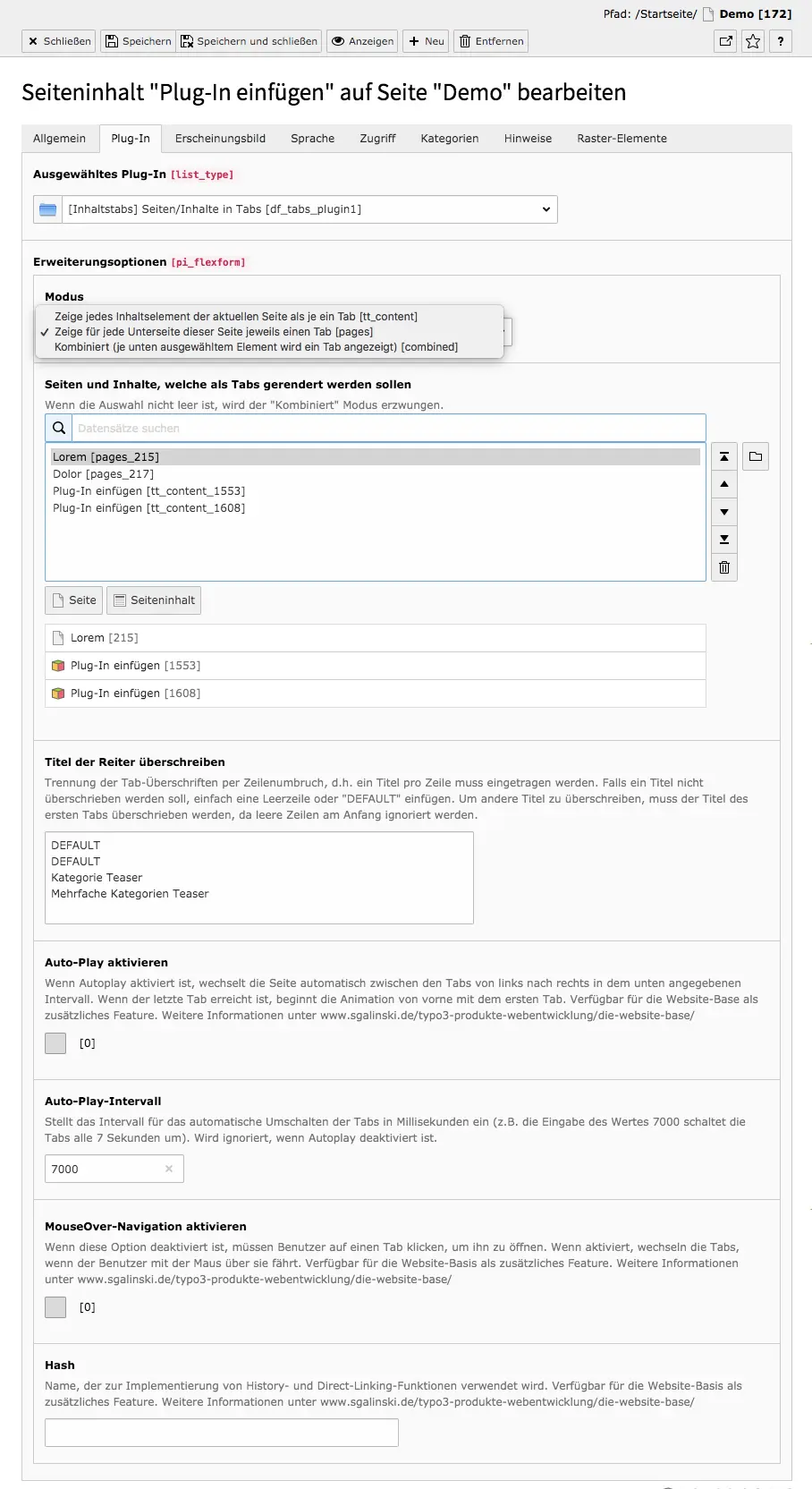 TYPO3 Inhaltselement Seiten/Inhalte in Tabs Reiter Plug-In