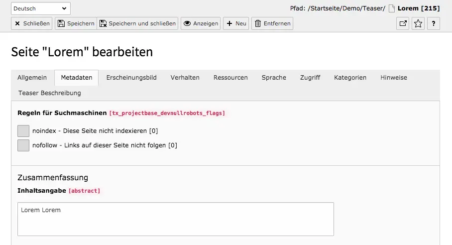 TYPO3 Seiteneigenschaften Metadaten