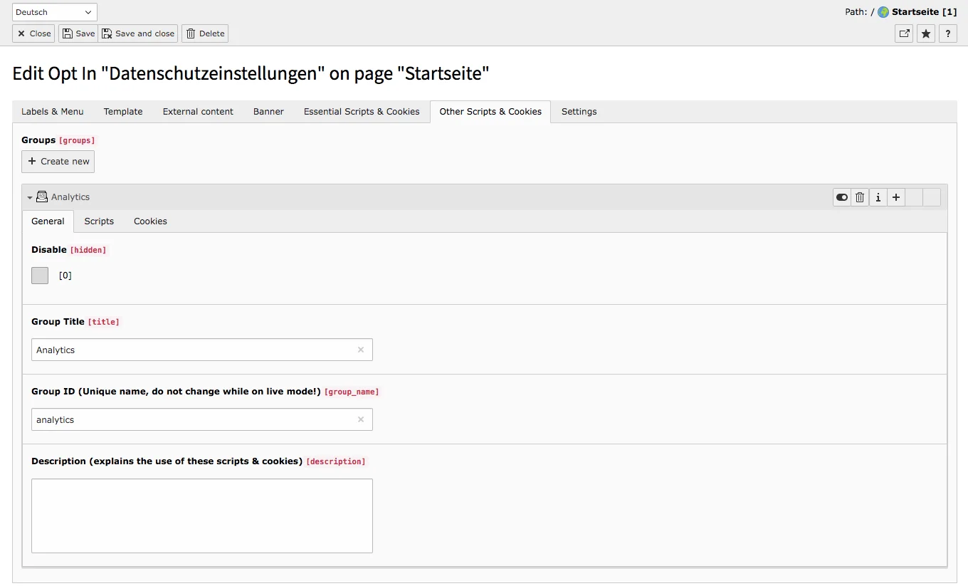 Cookie Consent TYPO3 Tab Other Script and Cookie Groups General