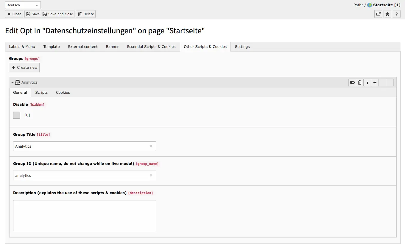 Cookie Consent TYPO3 Tab Other Script and Cookie Groups General