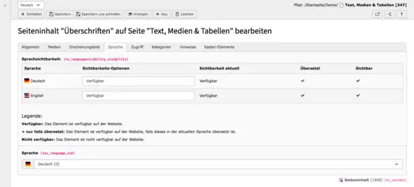 TYPO3 Inhaltselement Tab Sprache