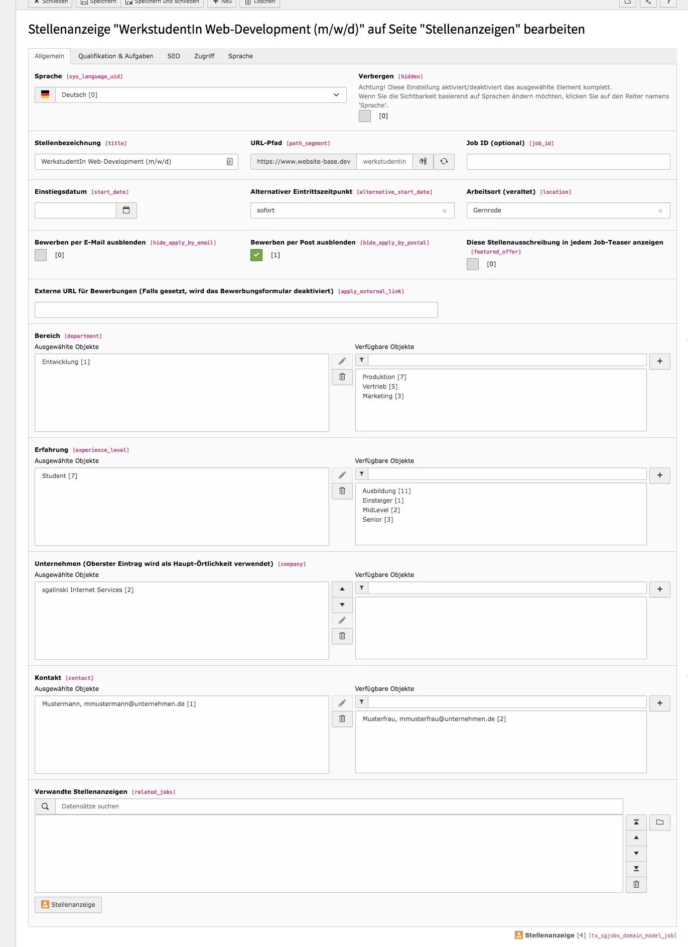 TYPO3 Modul Liste der Stellenanzeigen Tab Allgemein