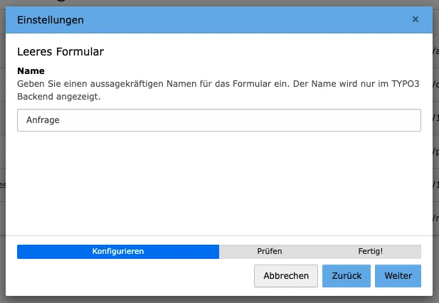 TYPO3 Modul Formulare Leeres Formular erstellen Einstellungen