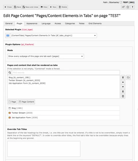 TYPO3 Content Element Plugins Pages/Content Elements in Tabs Backend Tab Plugin