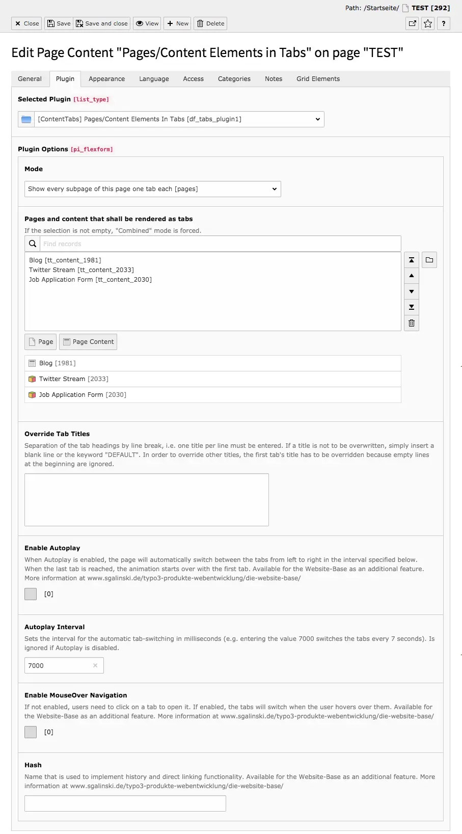 TYPO3 Content Element Plugins Pages/Content Elements in Tabs Backend Tab Plugin