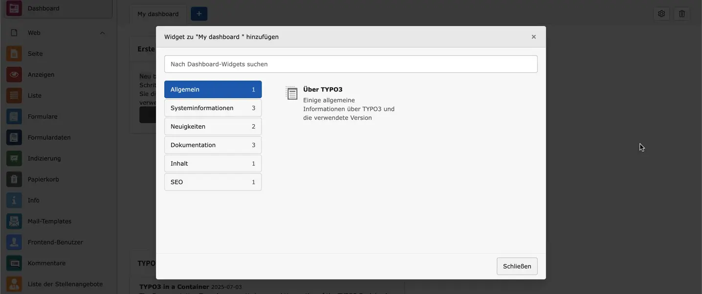 TYPO3 Backend Modul Dashboard Widgets Tab Allgemein