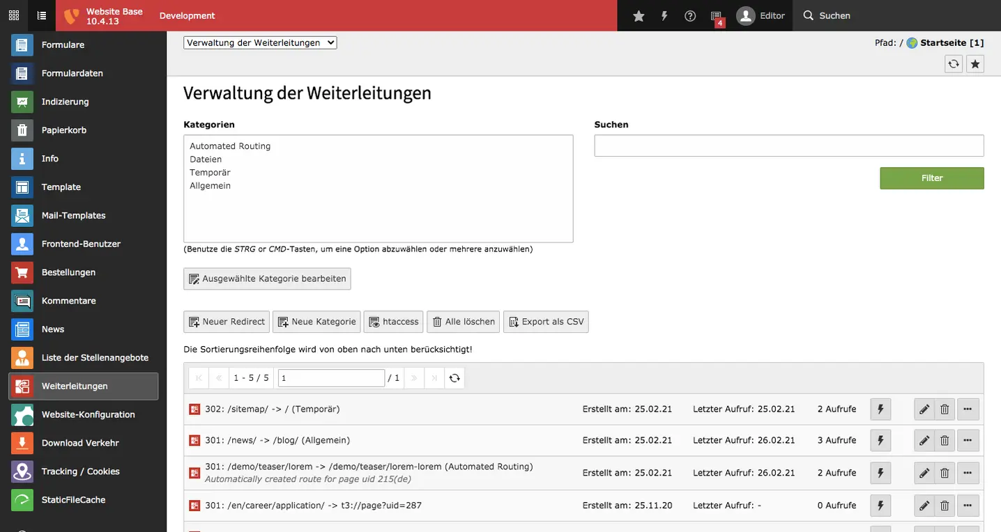 TYPO3 Backend Modul Weiterleitungen